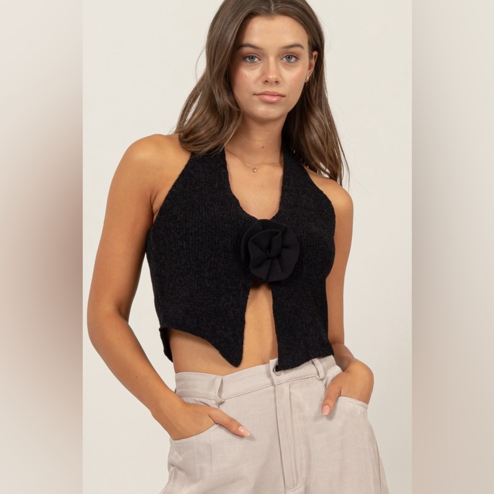 20B. Halter Knit Flower Top - Black
